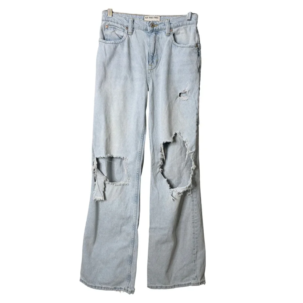 We The Free High Rise Wide Leg Jeans Womens 26 Blue Light Wash‎ Distressed Baggy